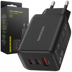 Ładowarka sieciowa Spacecase 65W GaN 2x USB-C,  USB-A czarna