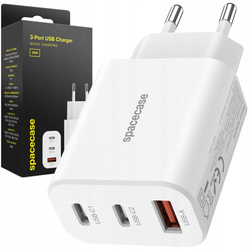 Ładowarka sieciowa Spacecase 30W GaN 2x USB-C,  USB-A biała